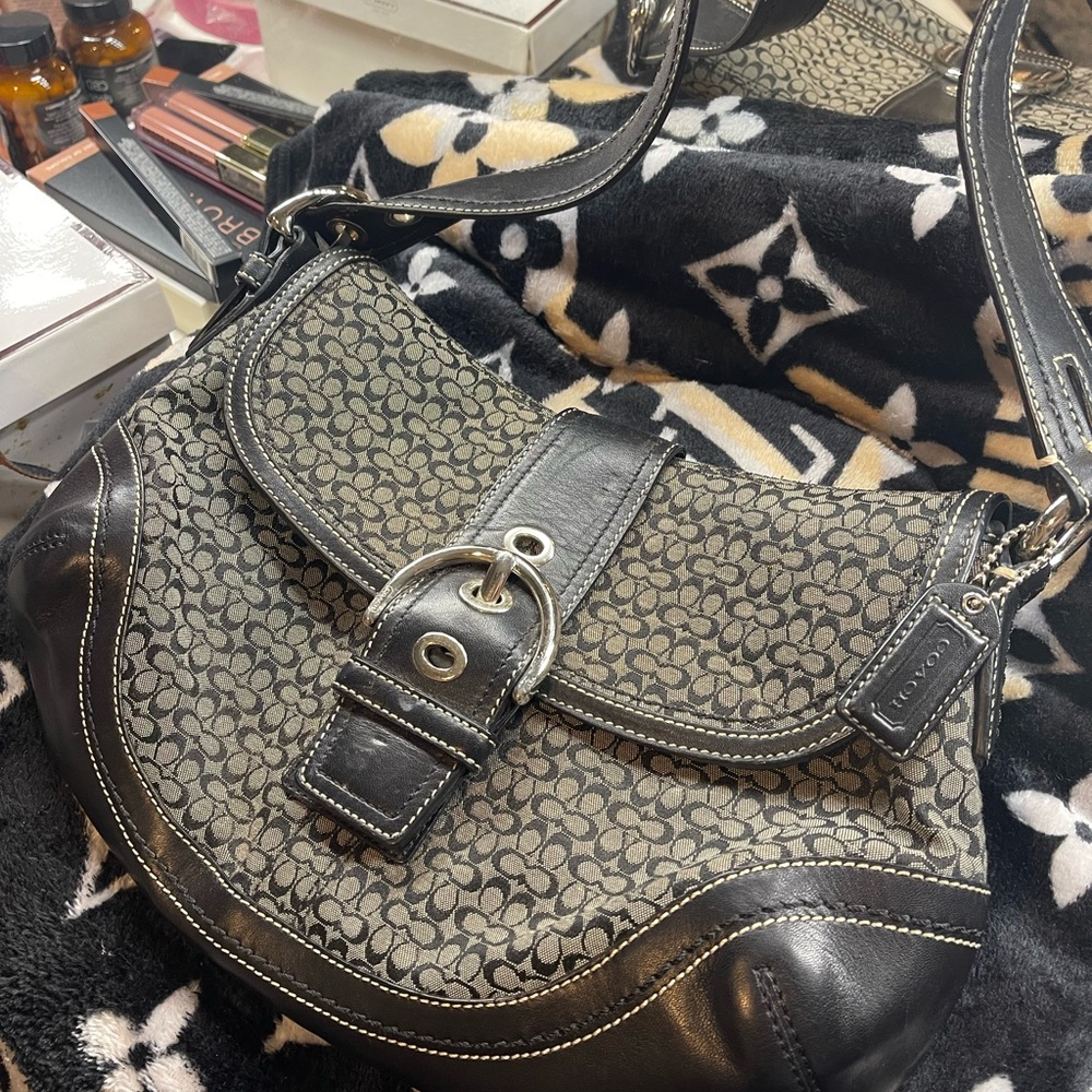 Black/ grey Coach canvas/Leather monogram shoulder bag.